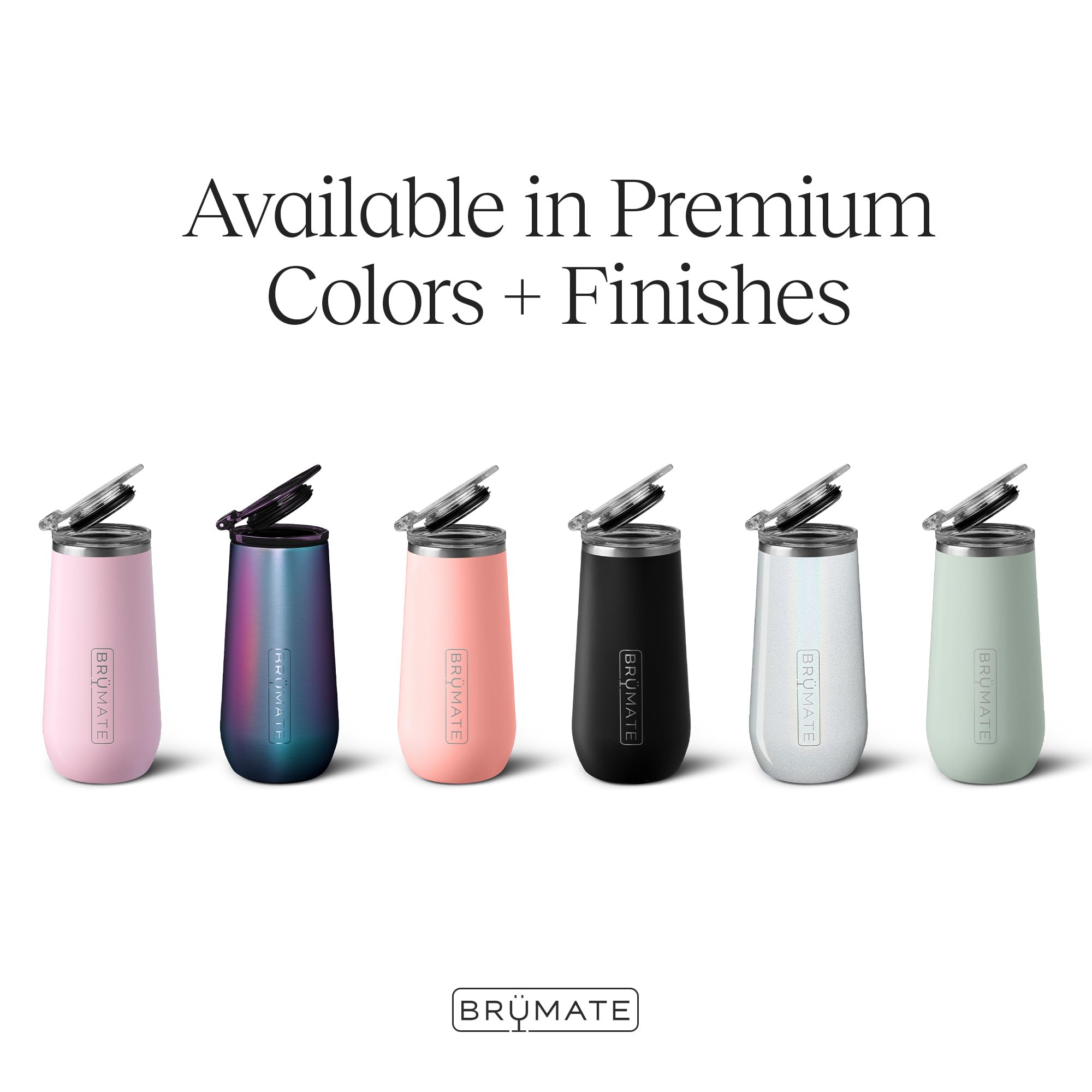 BrüMate 12oz insulated champagne flute glitter white with flip-top lid for easy sipping.