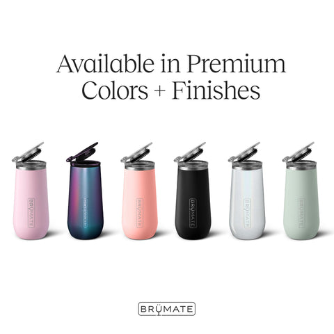 BrüMate 12oz insulated champagne flute glitter white with flip-top lid for easy sipping.