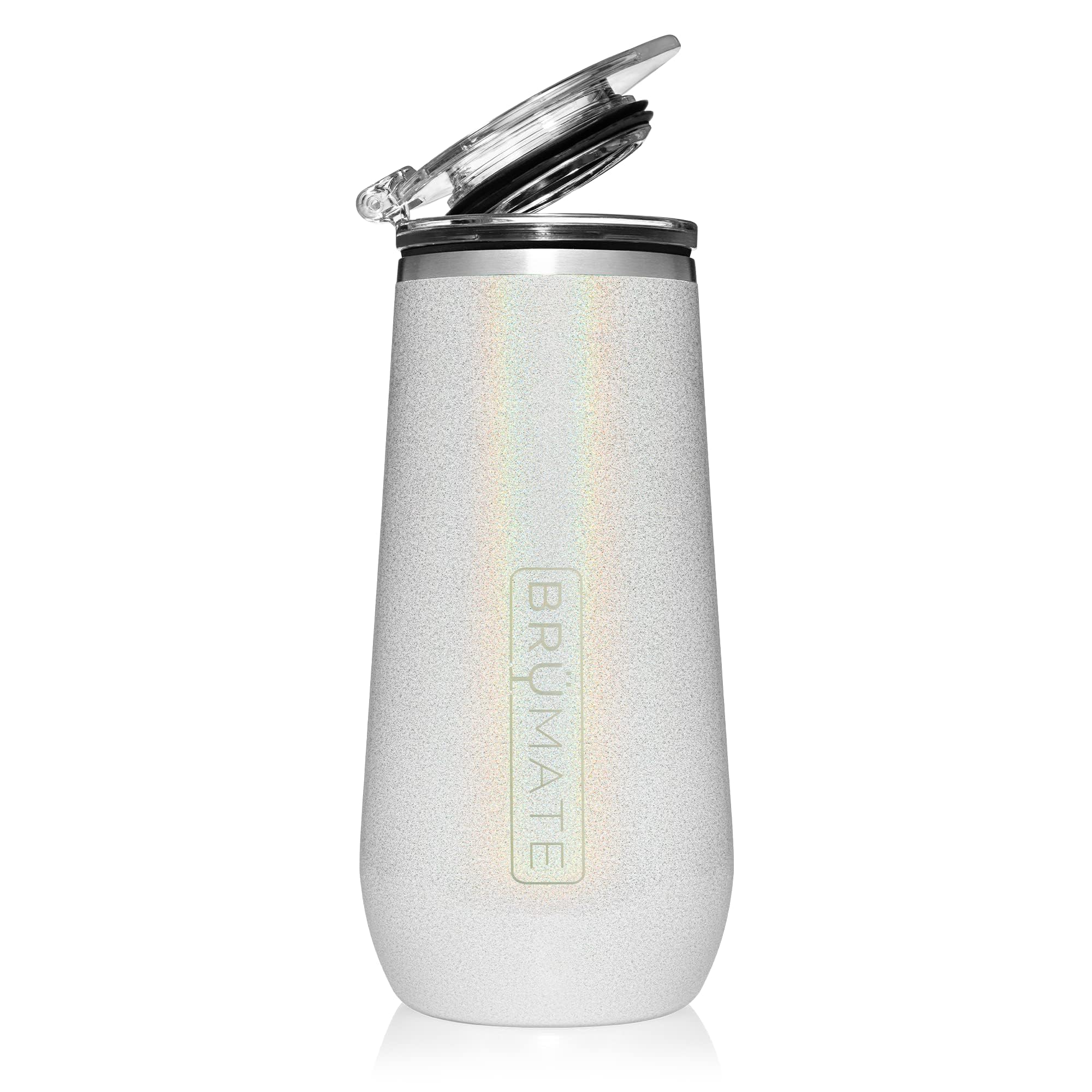BrüMate 12oz insulated champagne flute glitter white pour keeps bubbles cold longer.