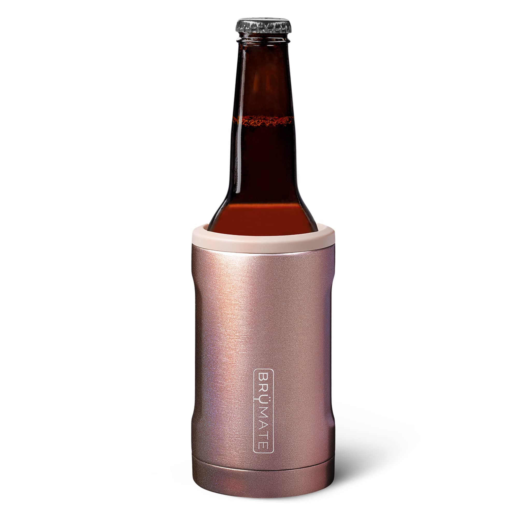 BrüMate Bott'l glitter rose gold bottle keeps drinks cold outdoors.