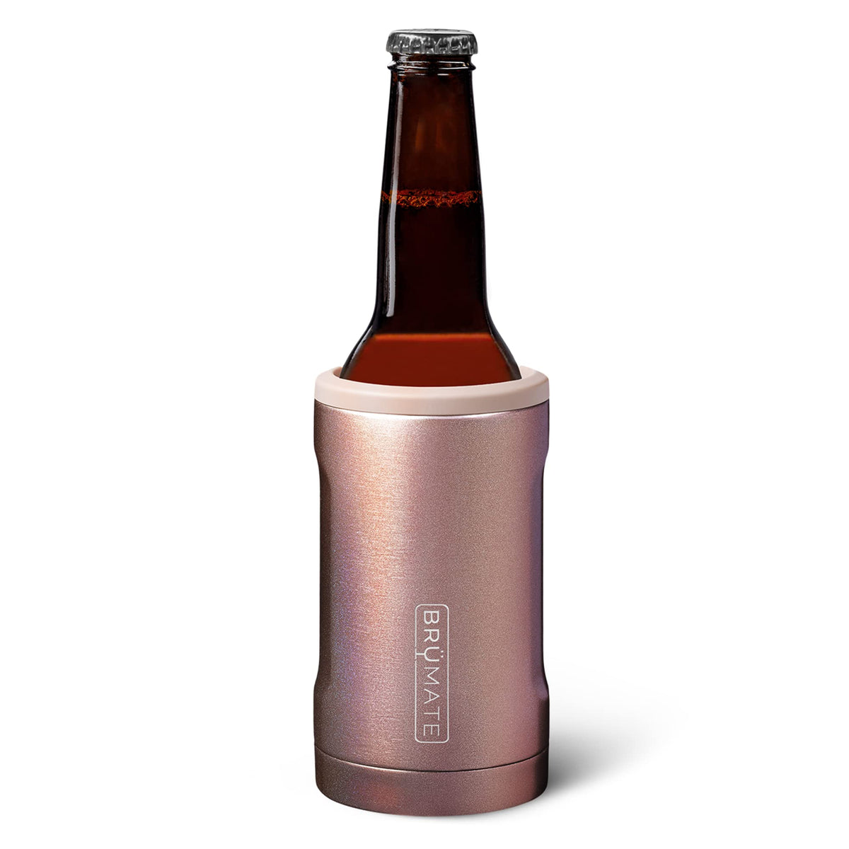 BrüMate Bott'l glitter rose gold bottle keeps drinks cold outdoors.