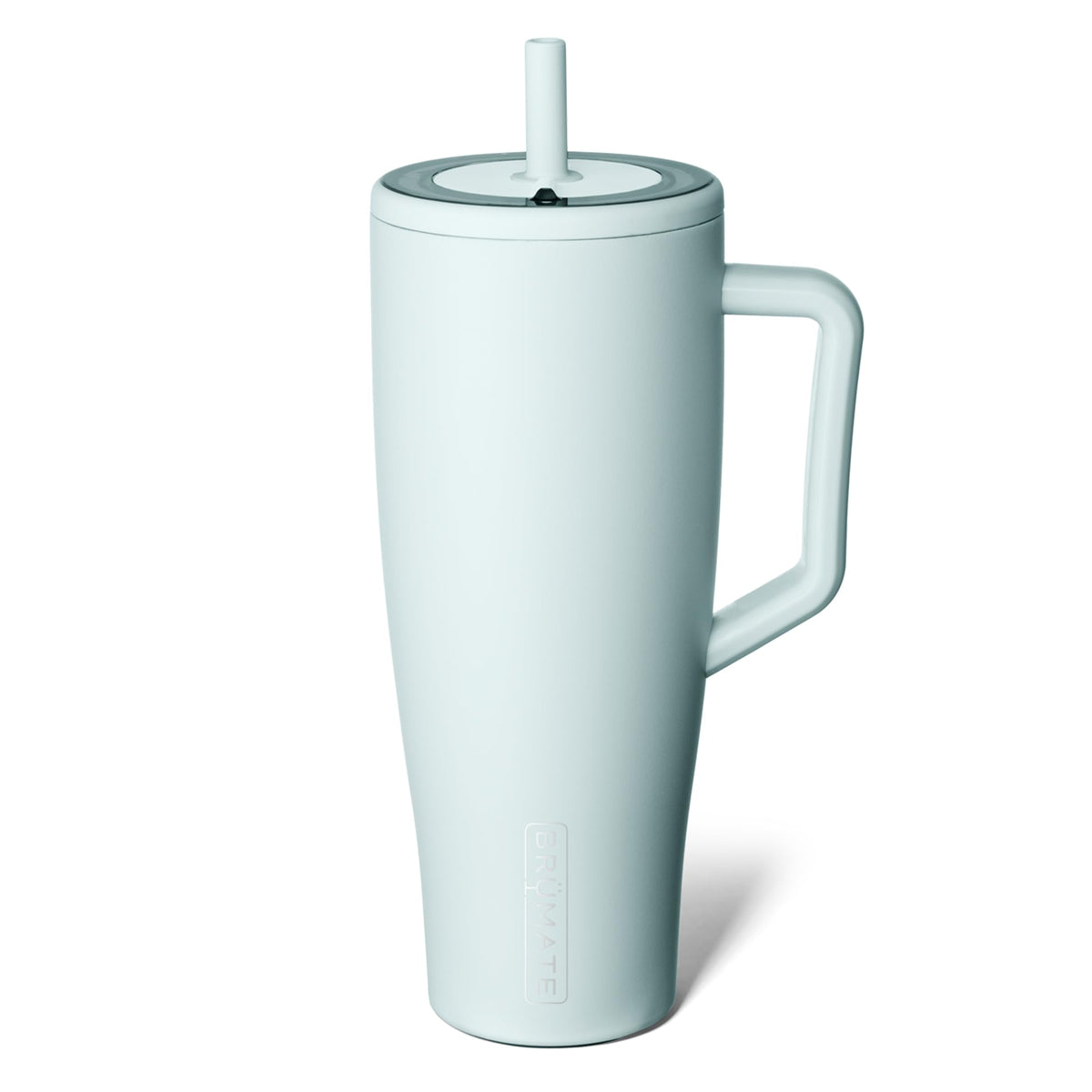 BrüMate Era 40 oz tumbler with blue agave finish and handle for spill-free on-the-go sipping.