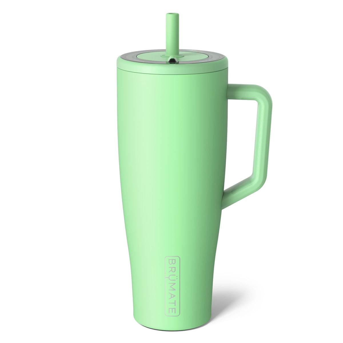 BrüMate Era 40 oz tumbler with handle and straw in kiwi, ideal for travel and spill-free sipping.