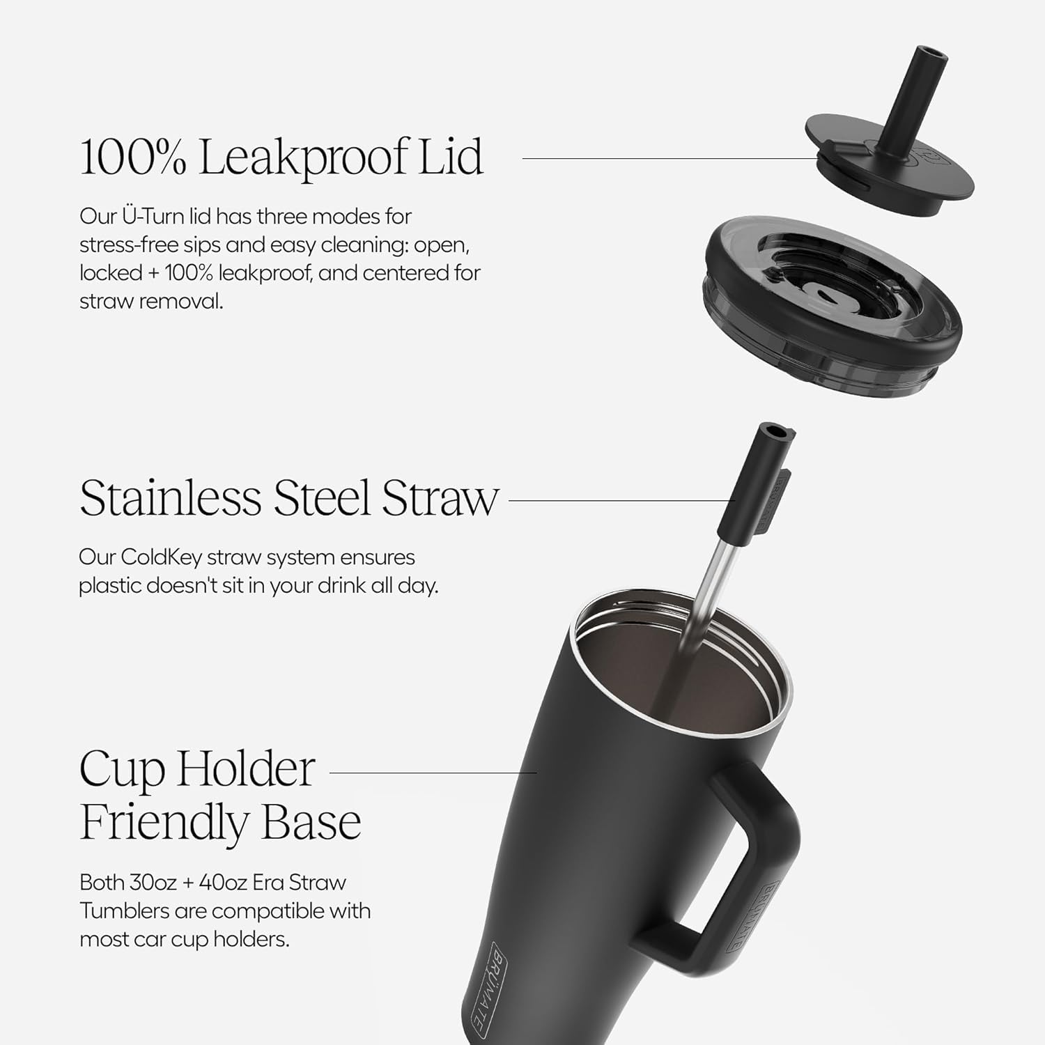 Era 40 oz tumbler visible with straw demonstrates leakproof Ü-Turn technology in action.