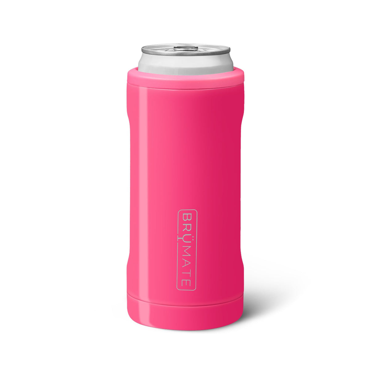 BrüMate Hopsulator Slim neon pink front view keeps 12oz slim cans cold