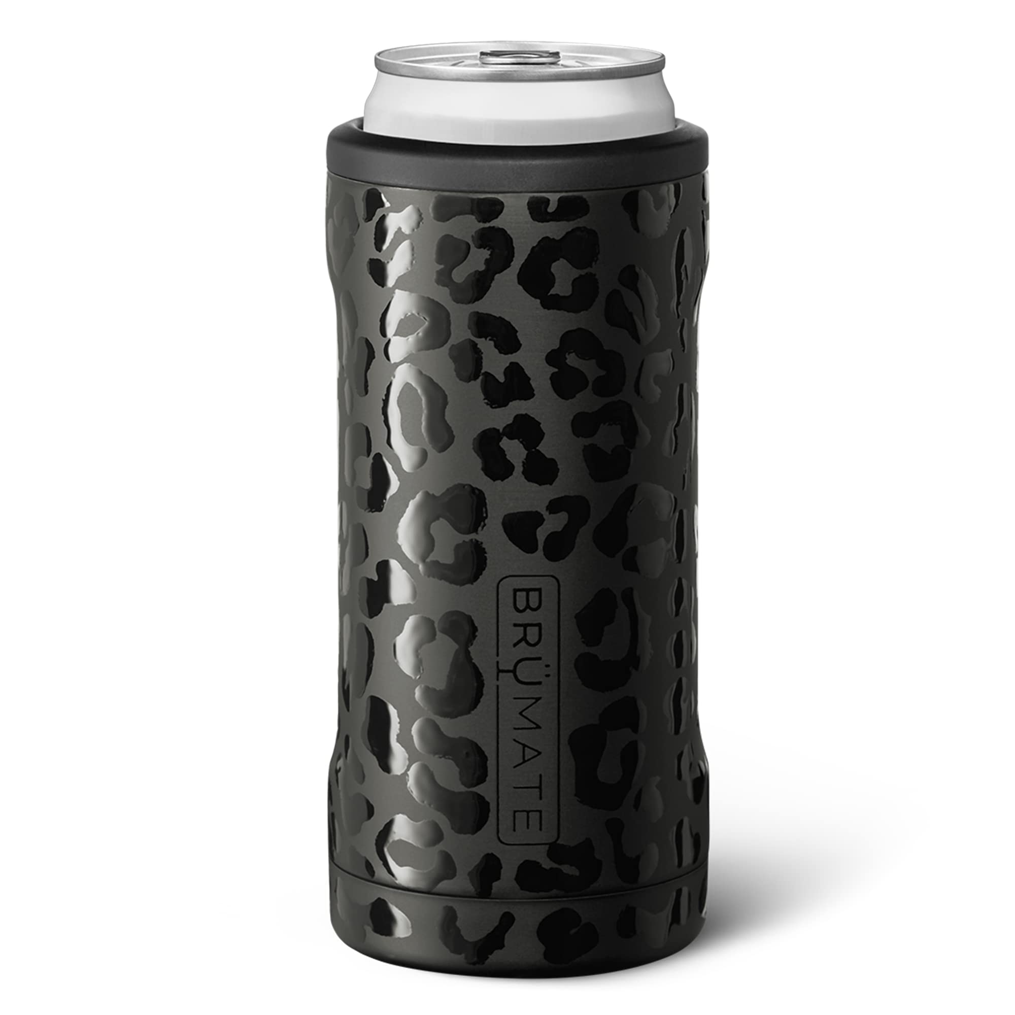 BrüMate Hopsulator Slim onyx leopard, front view, keeps 12oz slim cans cold on the go.