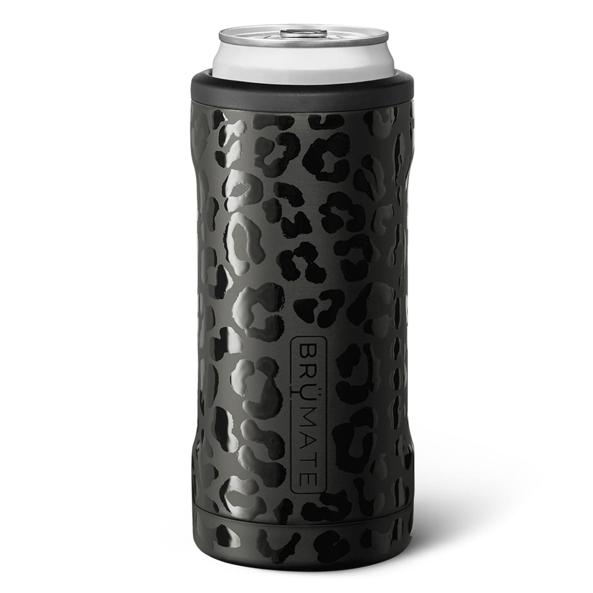 BrüMate Hopsulator Slim onyx leopard, front view, keeps 12oz slim cans cold on the go.