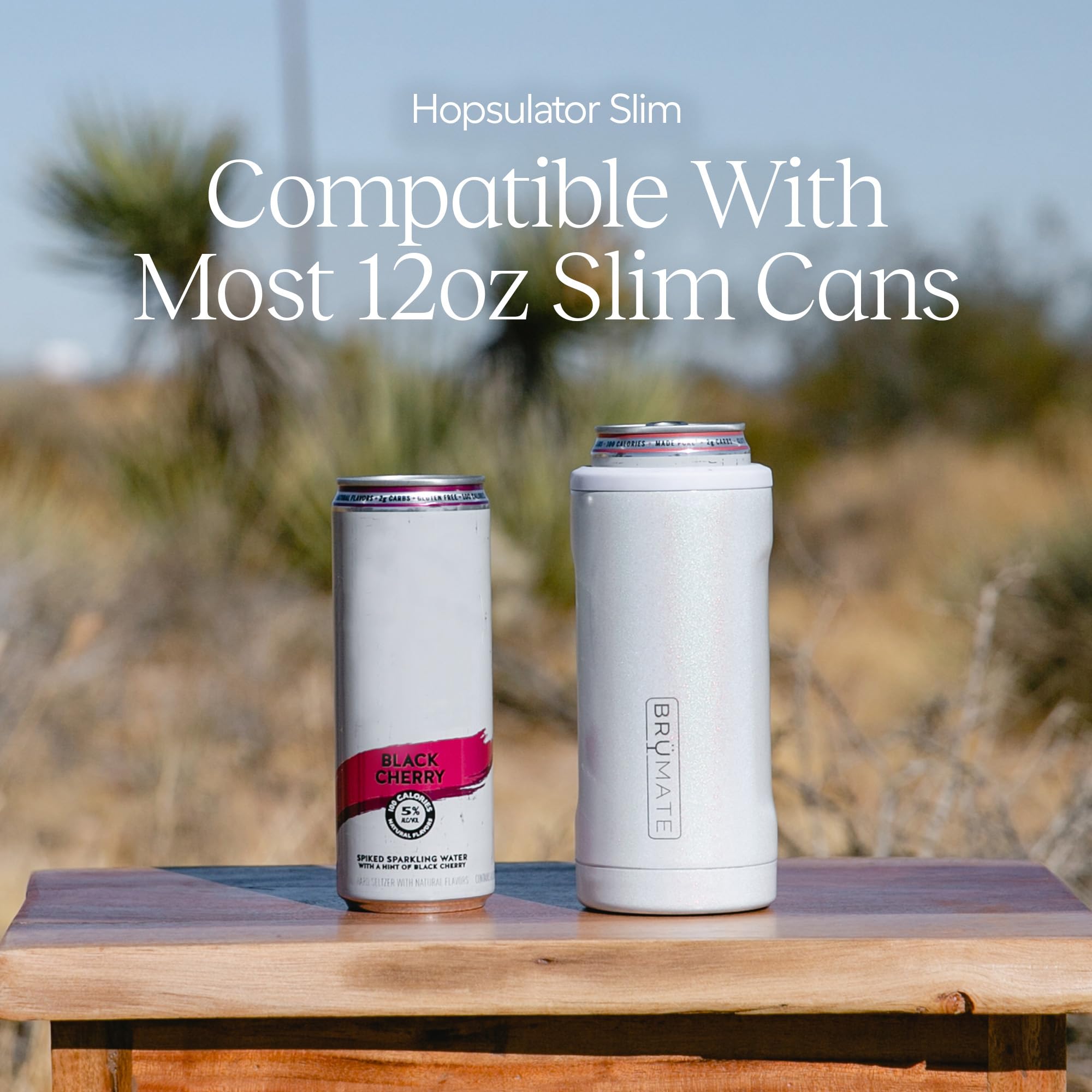 BrüMate Hopsulator Slim onyx leopard, in use, secure fit holds the can steady.
