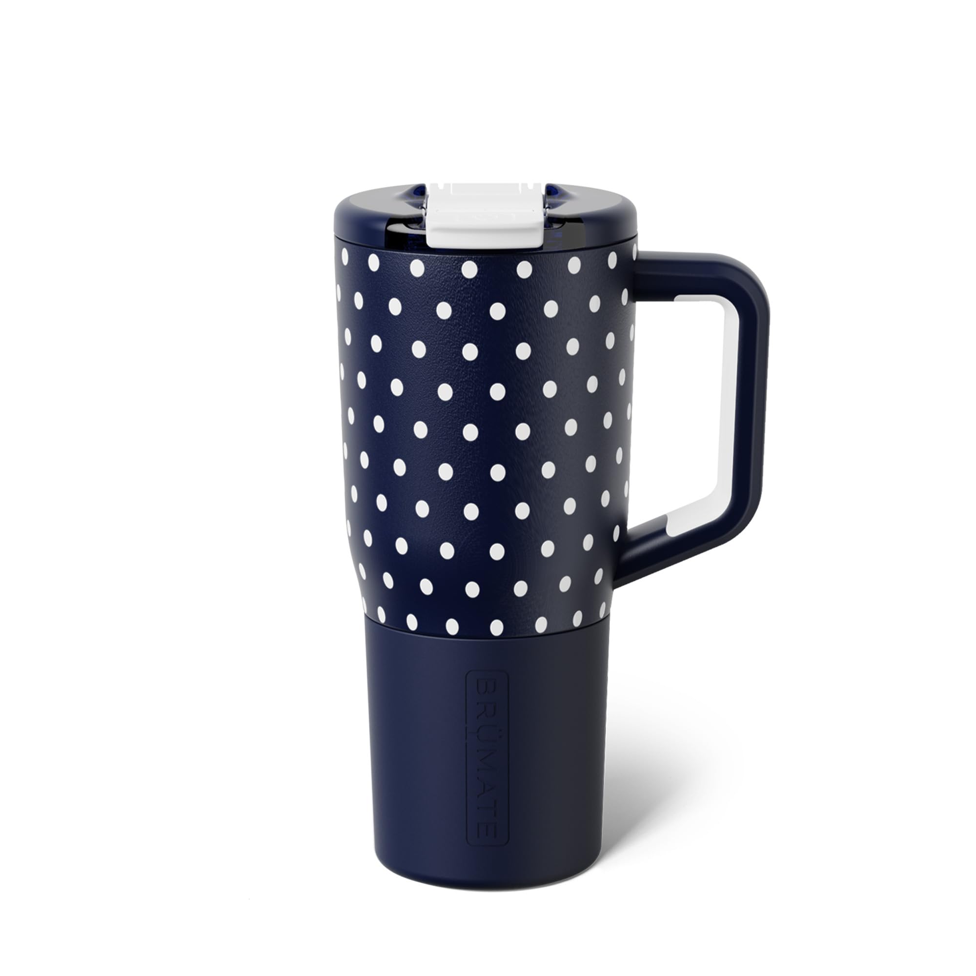 BrüMate Müv 25oz navy polka dots with lid locked for spill-free travel