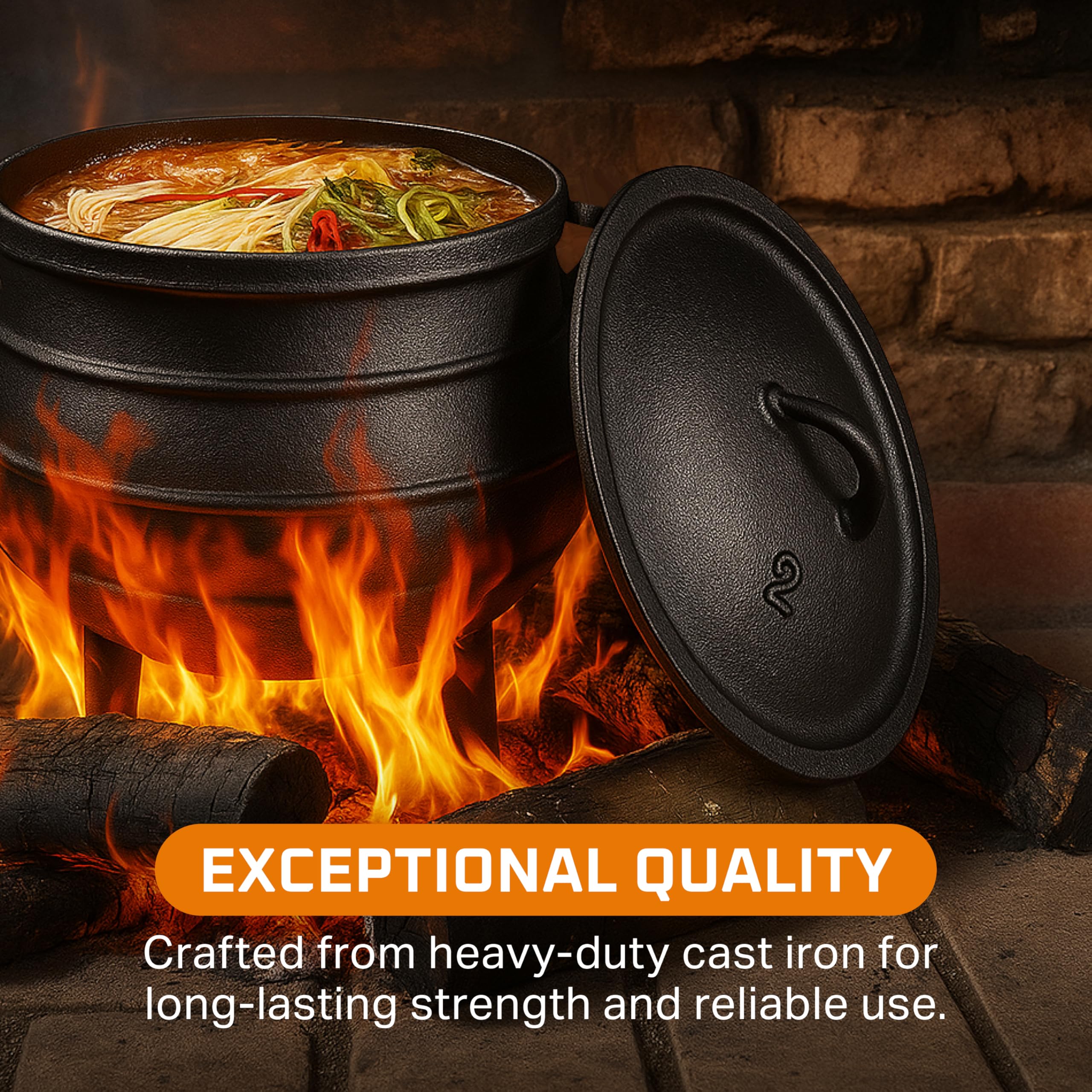 Bruntmor 3-legged Dutch oven over flames delivering even heat.
