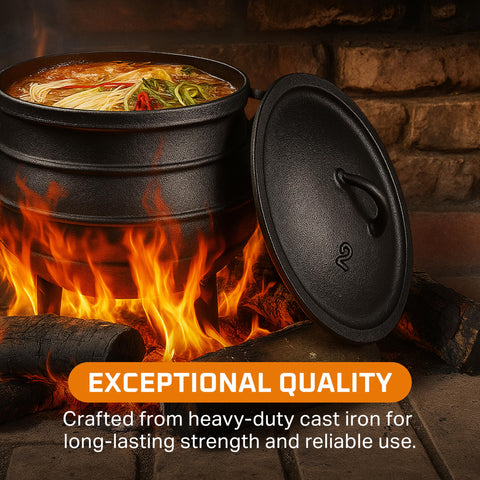 Bruntmor 3-legged Dutch oven over flames delivering even heat.