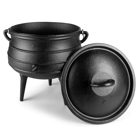 Bruntmor 6qt cauldron with lid on campfire for rich, slow-cooked stews.
