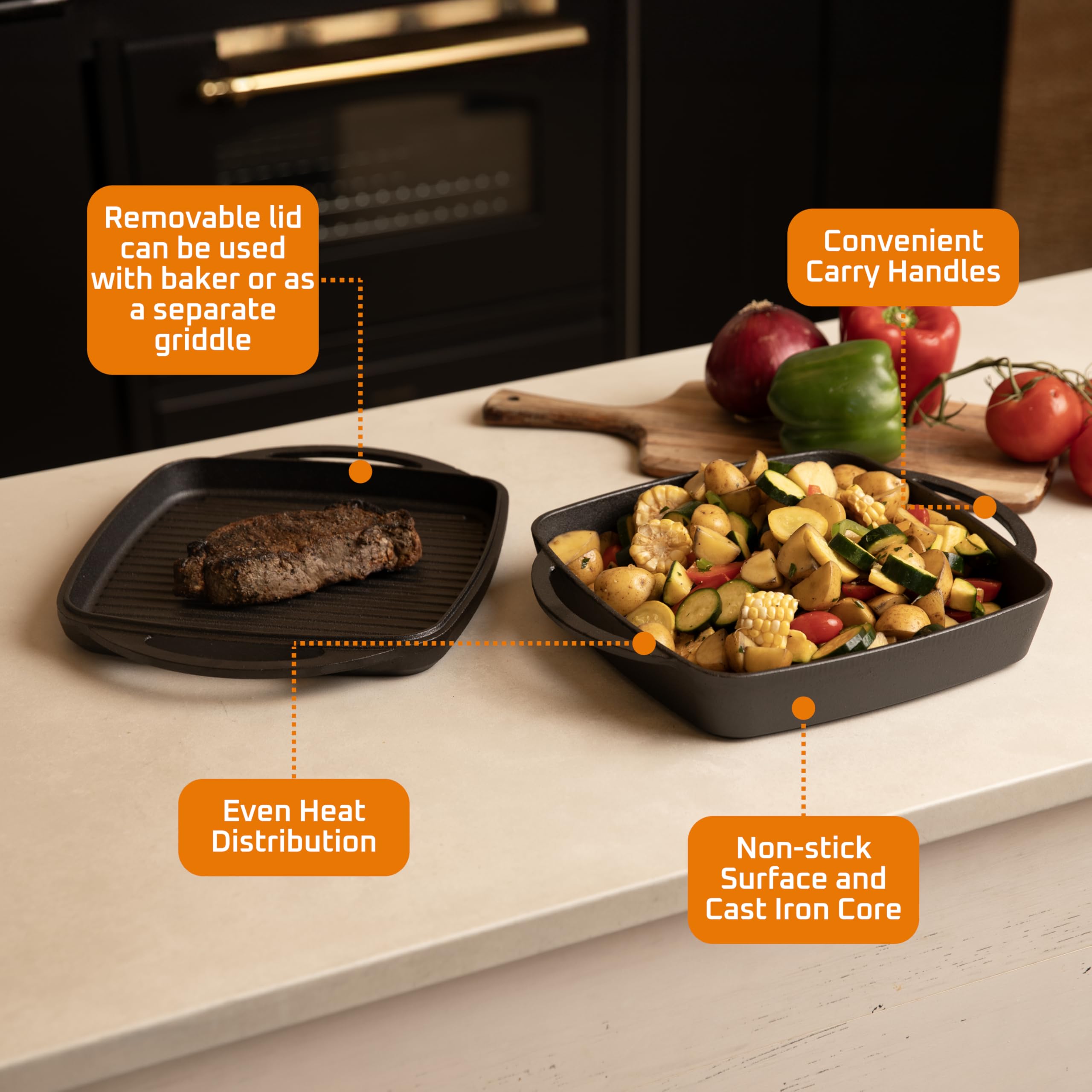 Bruntmor cast-iron griddle lid doubles as a shallow pan for grilling
