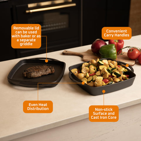 Bruntmor cast-iron griddle lid doubles as a shallow pan for grilling