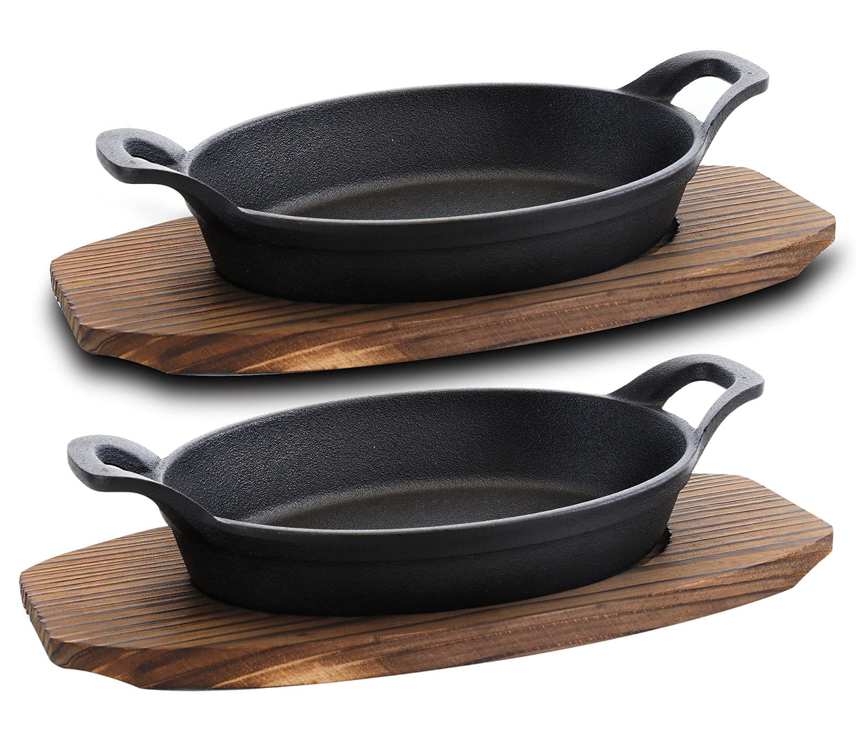 Bruntmor mini cast iron sizzler plates with oval fajita set for sizzling meals.