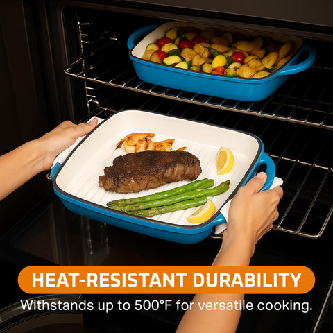 Bruntmor enamel-coated dish is oven-safe and induction-ready for flexible cooking