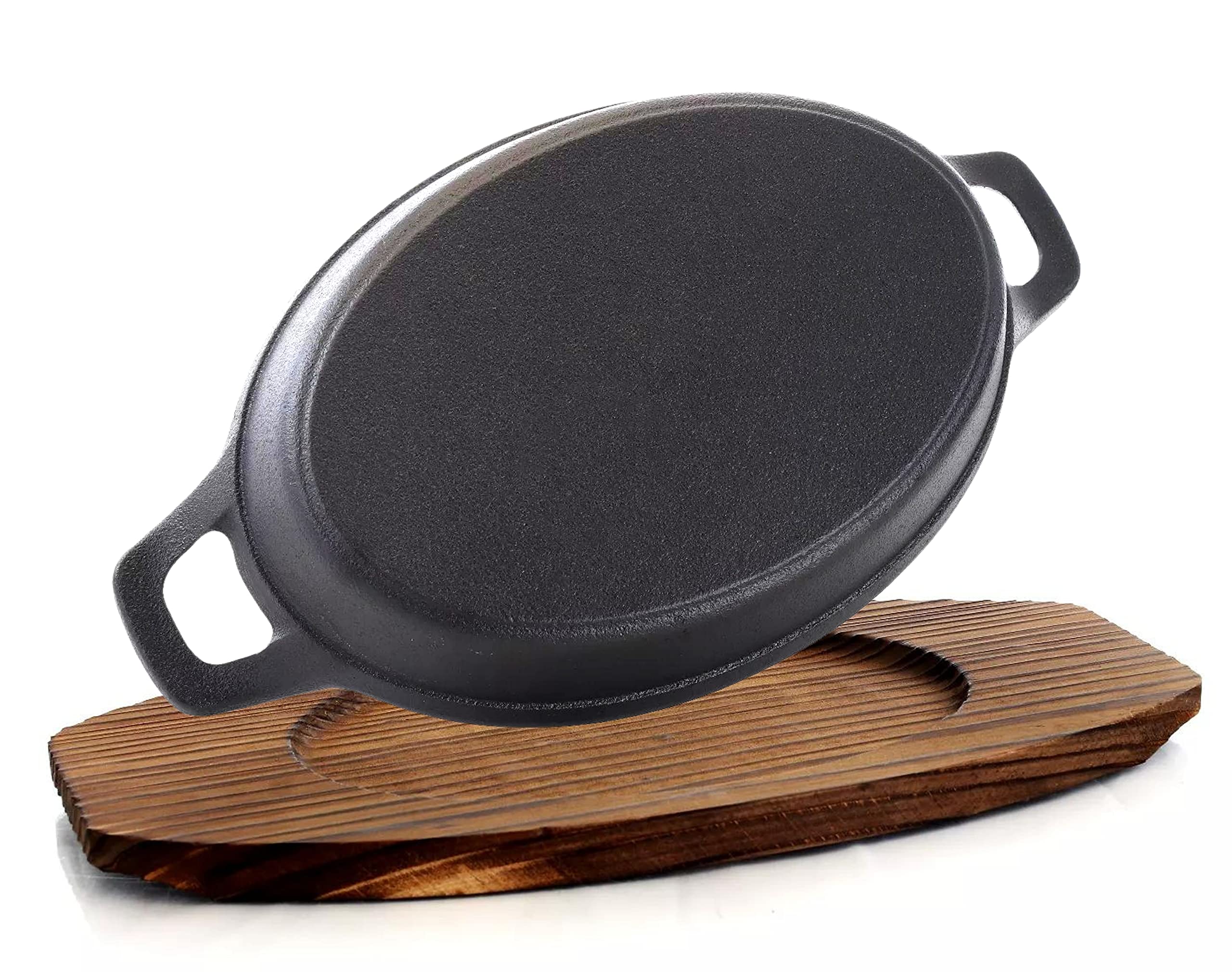 Bruntmor wooden base pan tray showcasing serving setup for sizzling plates.