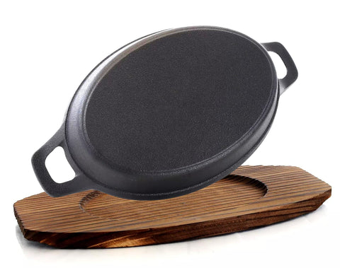 Bruntmor wooden base pan tray showcasing serving setup for sizzling plates.