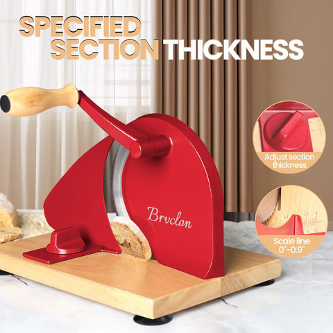 Brvclon bread slicer with adjustable thickness scale for accurate slice thickness.