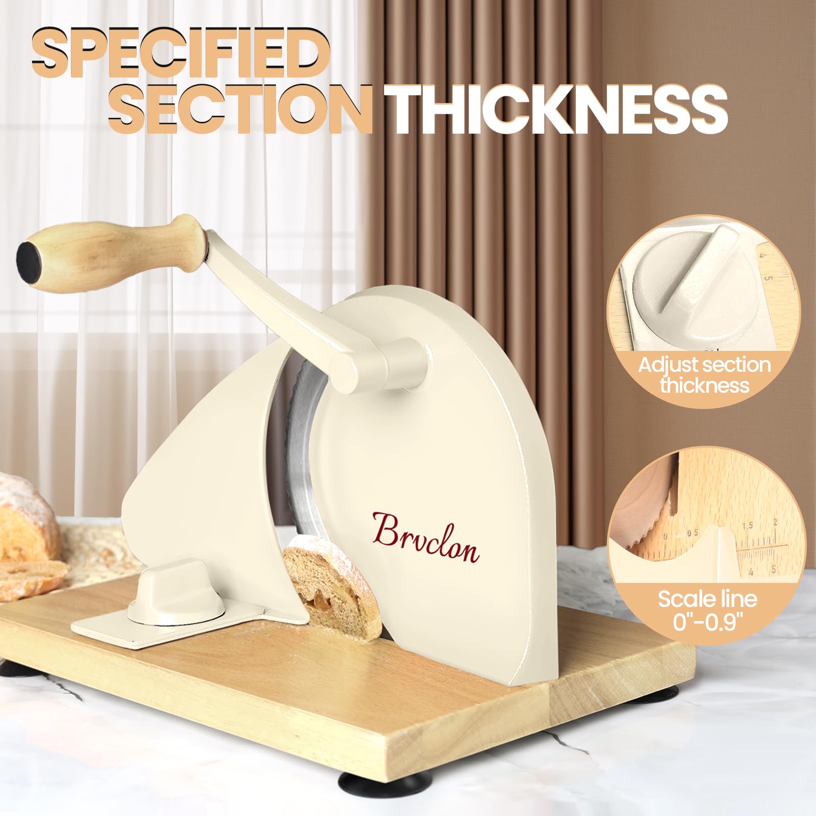 Brvclon bread slicer scale for easy, accurate thickness selection.