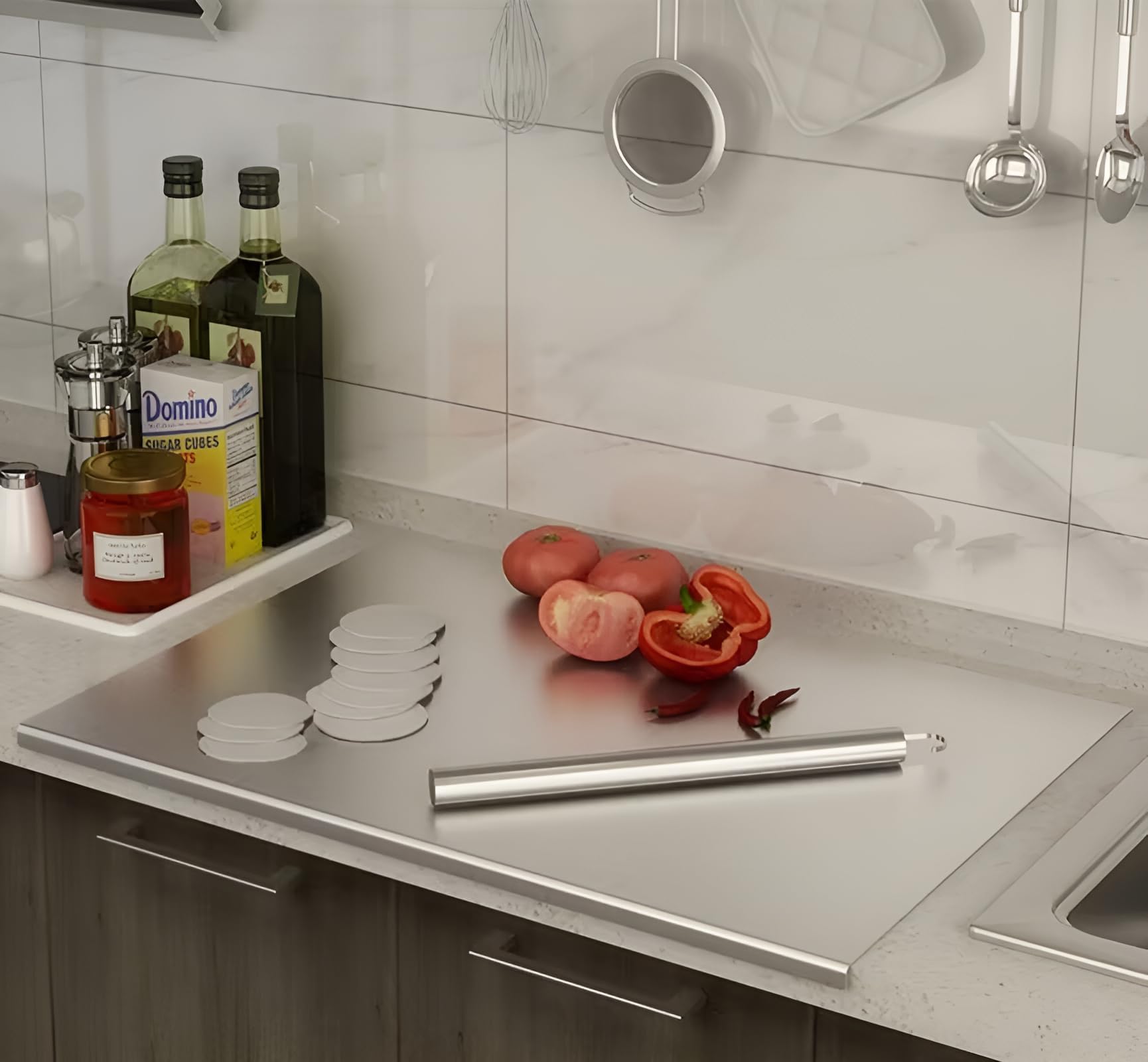 Bscsqld lip stainless steel cutting board provides a large prep surface for meats, vegetables, and bread.