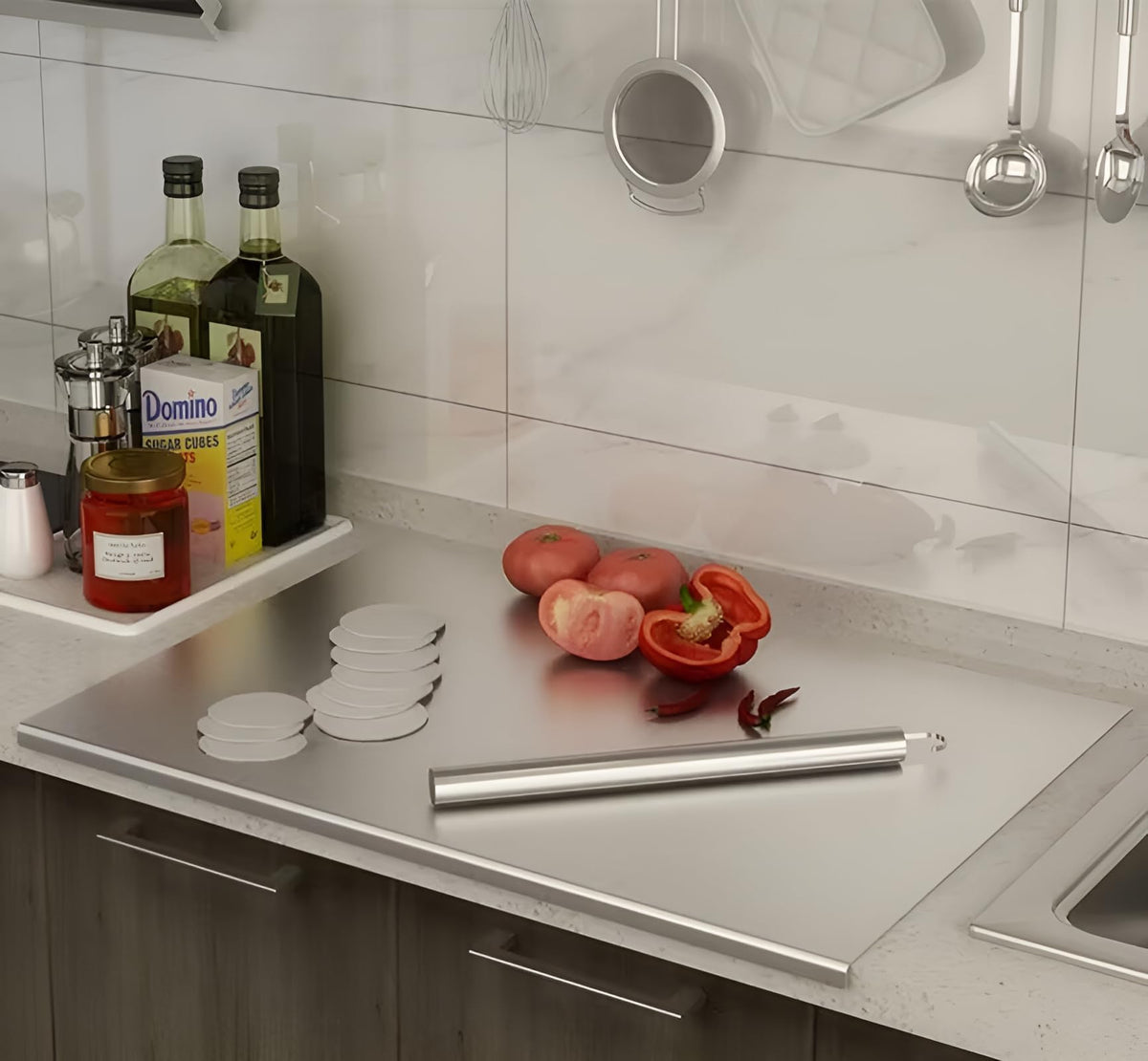 Bscsqld lip stainless steel cutting board provides a large prep surface for meats, vegetables, and bread.