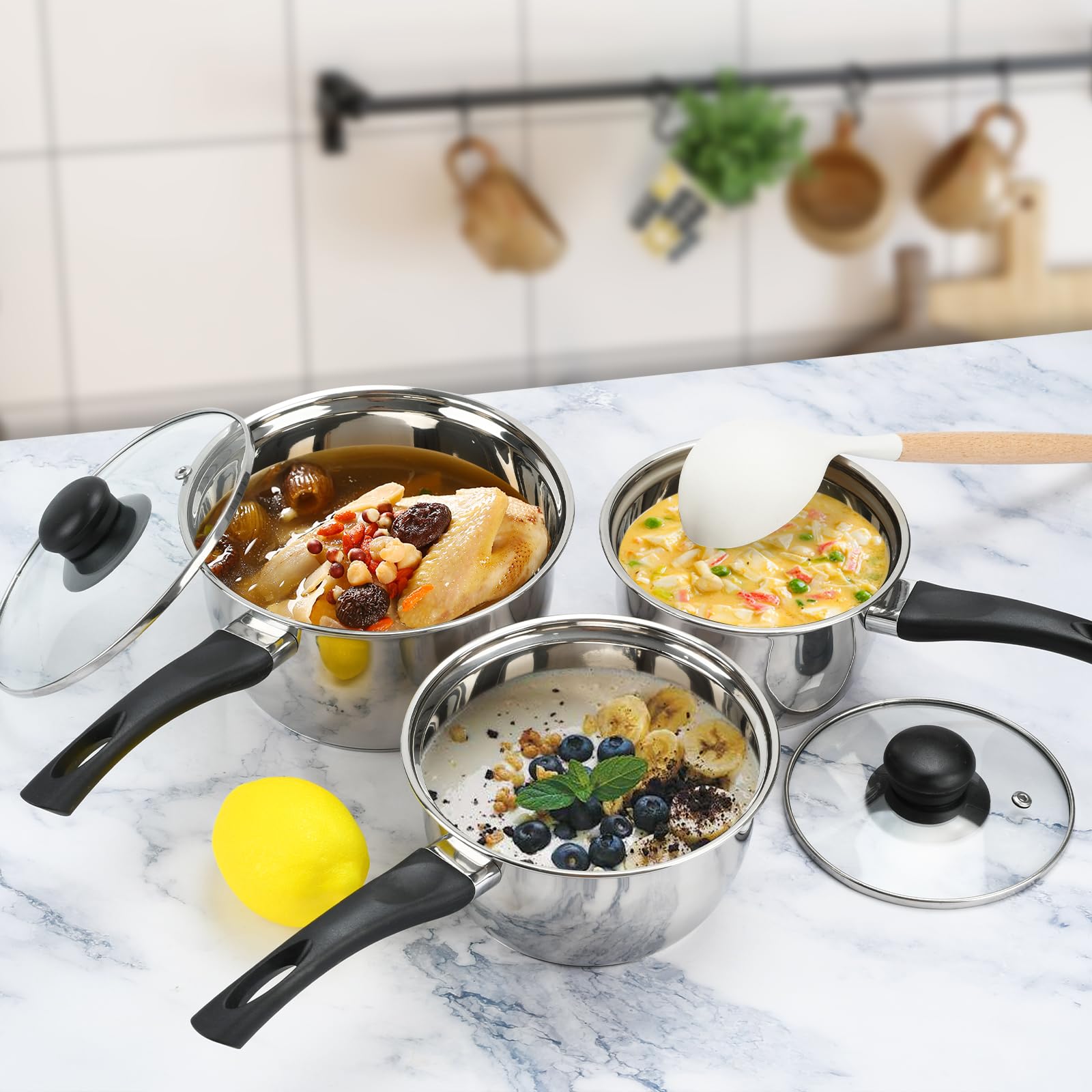 BSDLZCH pot set shown on stove works with gas and electric cooktops.