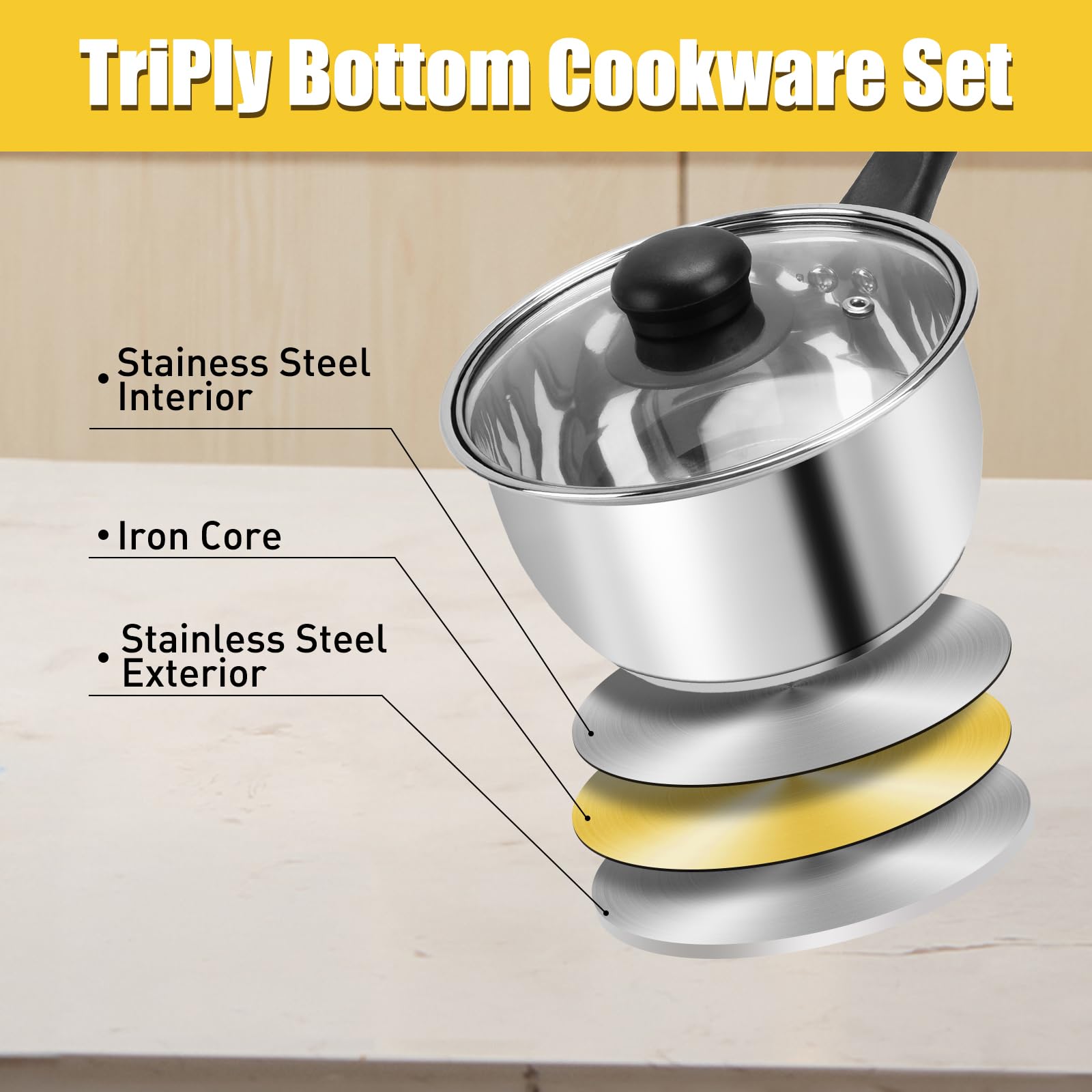 BSDLZCH triple-ply bottom pot set highlights even heat for sauces and soups.