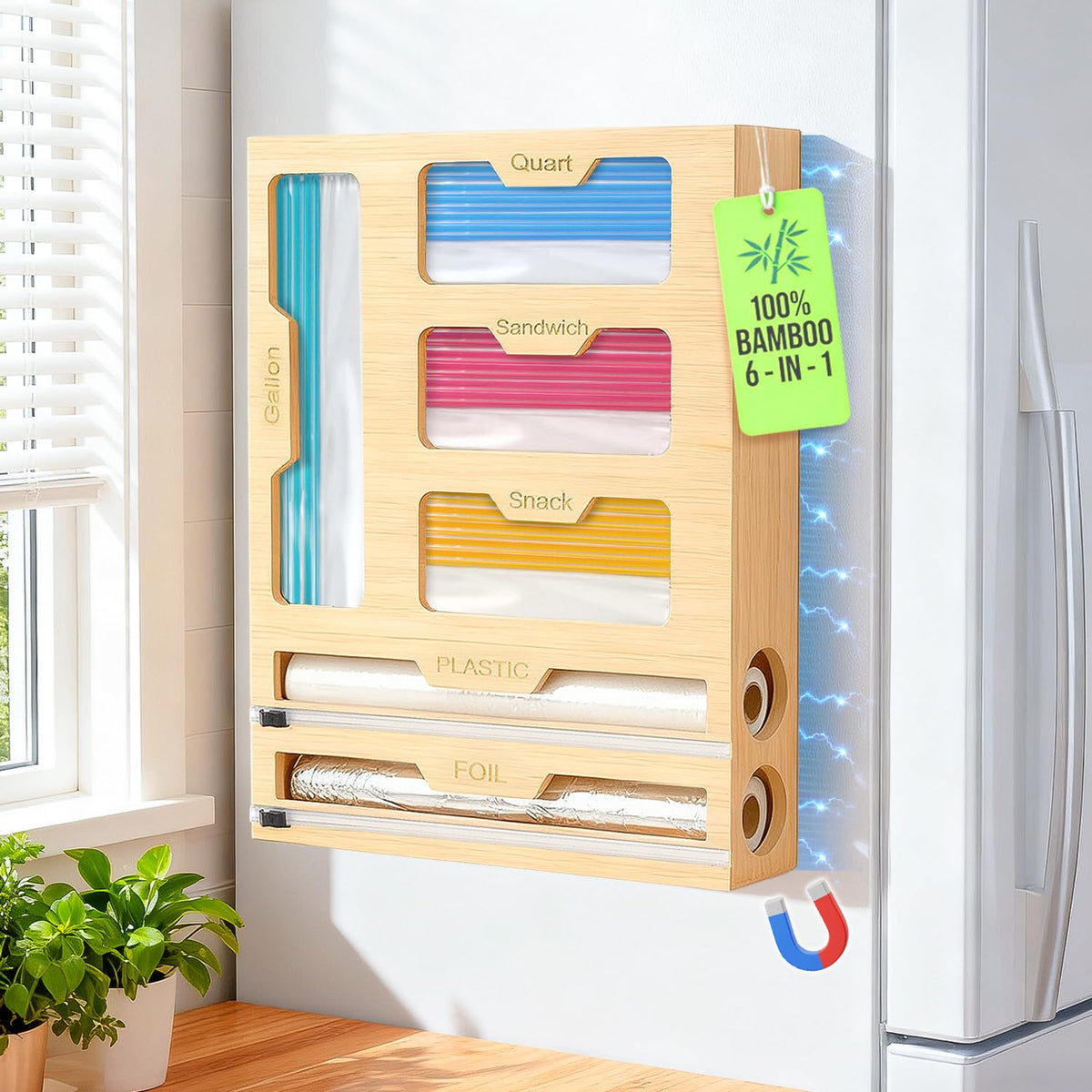 BSHSPX magnetic bag organizer mounted on fridge holding various bags