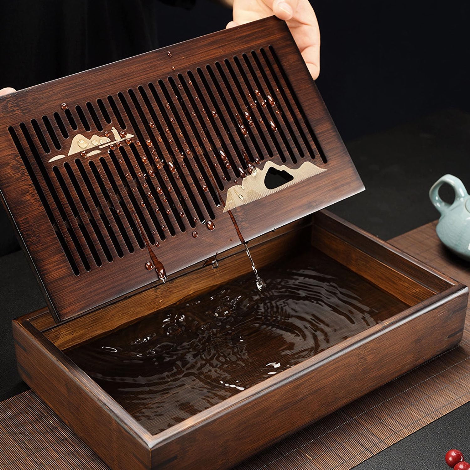 Bsigo bamboo tea tray measures 30x18 cm for compact Gongfu setups