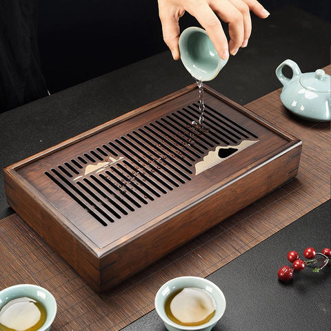 Bsigo bamboo tea tray with four non-slip mats protects surfaces during service