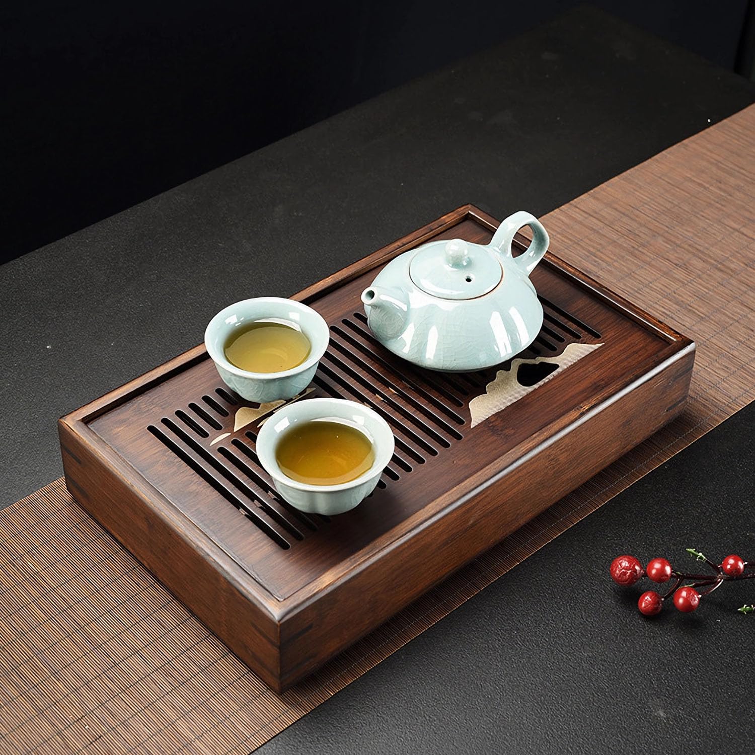 Bsigo bamboo tea tray detachable surface simplifies waste water dumping and cleaning