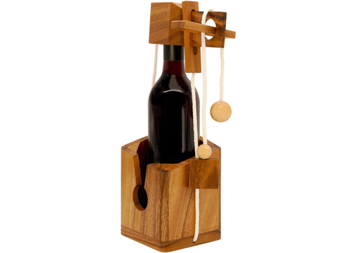 BSIRI Bottle Puzzle wooden holder on a kitchen shelf for stylish display.