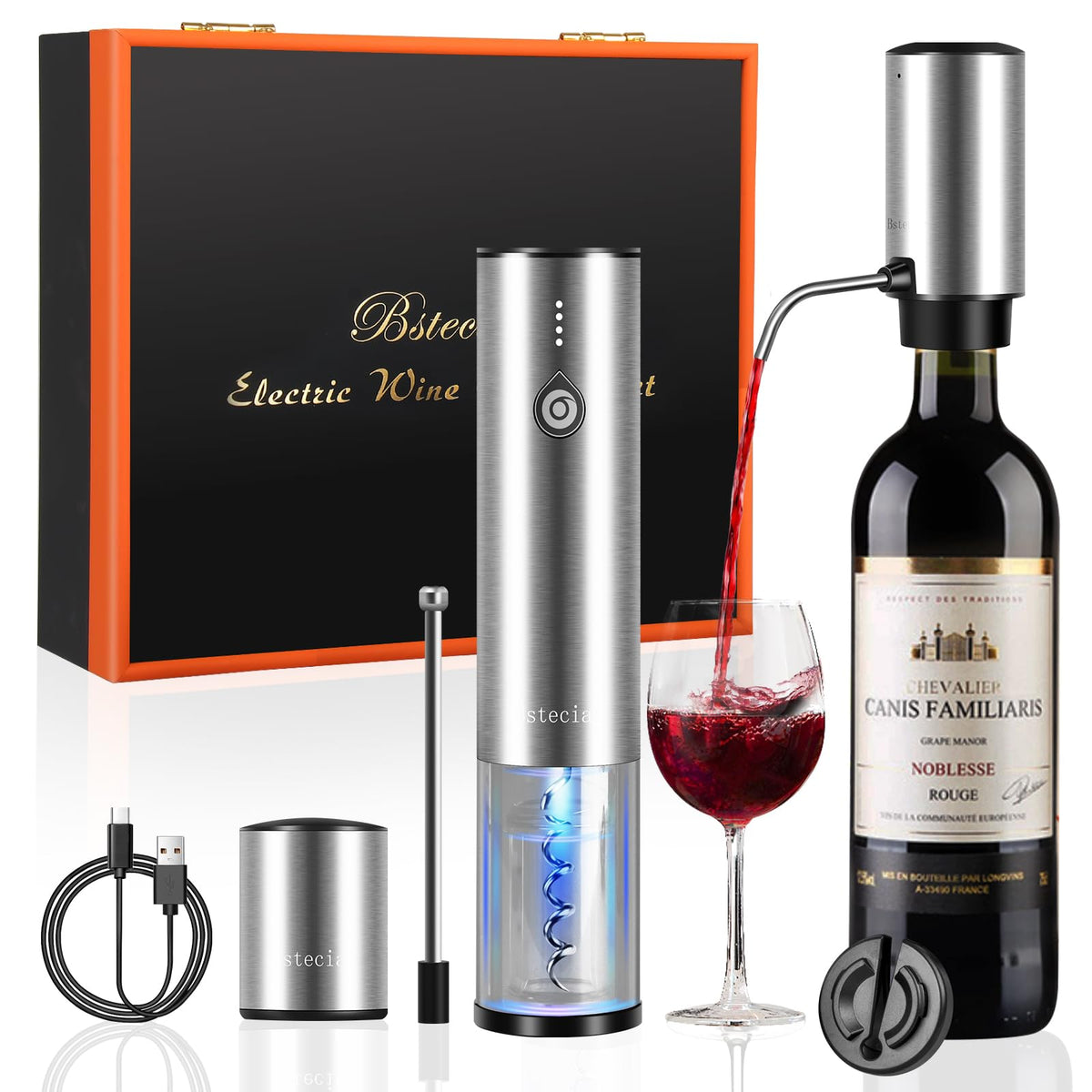 Bsteciar electric wine bottle opener with luxury wooden gift box for gifting.