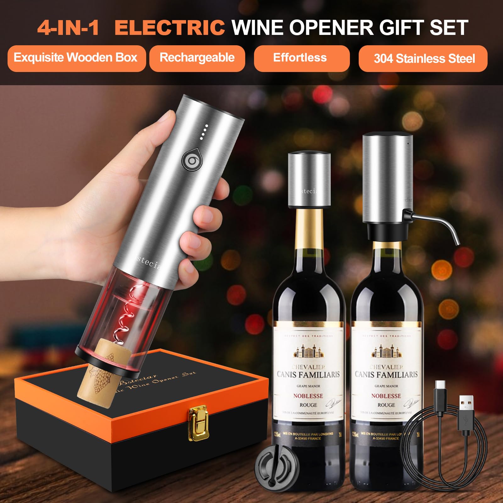 Bsteciar wooden gift box showcases premium wine opener set.