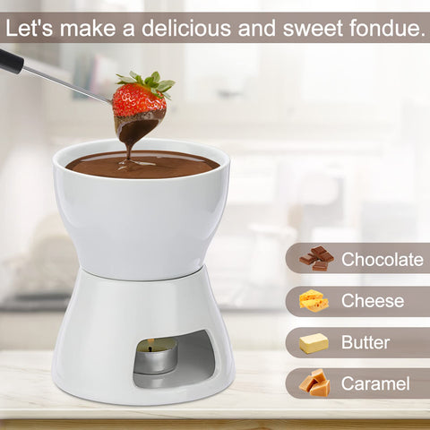 BSTKEY ceramic fondue base shown with cups for elegant entertaining.
