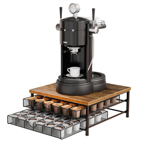 BSTSLL wood top with metal frame underscores reliable support for a coffee maker.