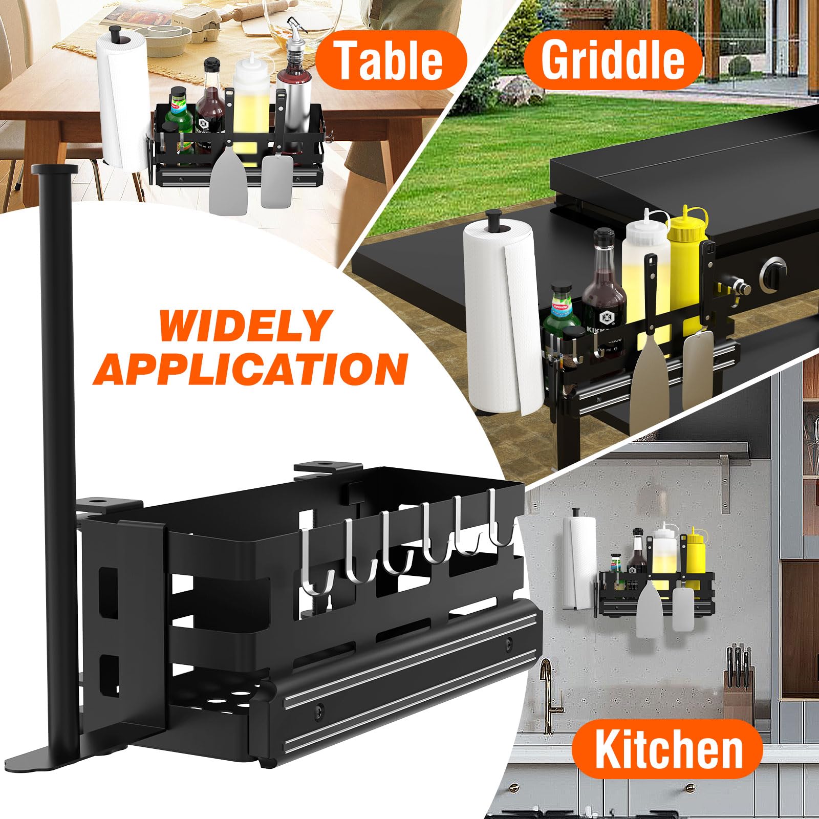 BSTTEK Griddle Caddy J-hooks streamline utensil organization on the side.