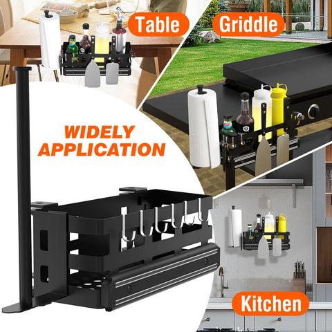 BSTTEK Griddle Caddy J-hooks streamline utensil organization on the side.