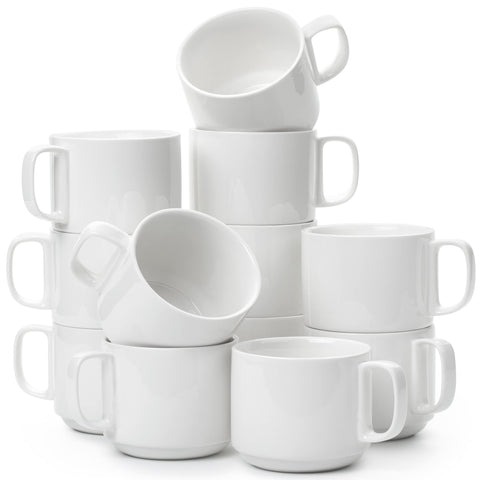 BTaT porcelain stackable mug on display, highlighting its bright white finish for easy storage.