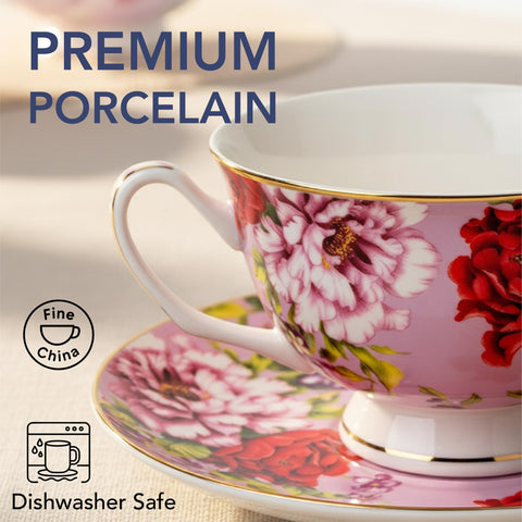 BTaT 8oz teacups with matching saucers for tidy serving and cleanup.