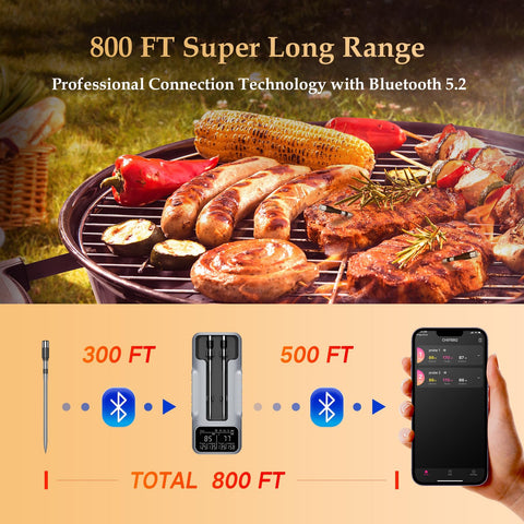 Bthebbqer 800FT thermometer Bluetooth range shows wireless monitoring up to 800 feet