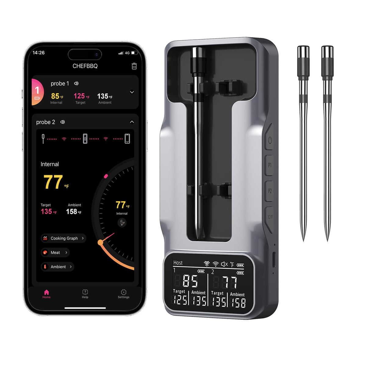 Bthebbqer 800FT thermometer main display for easy monitoring during cooking