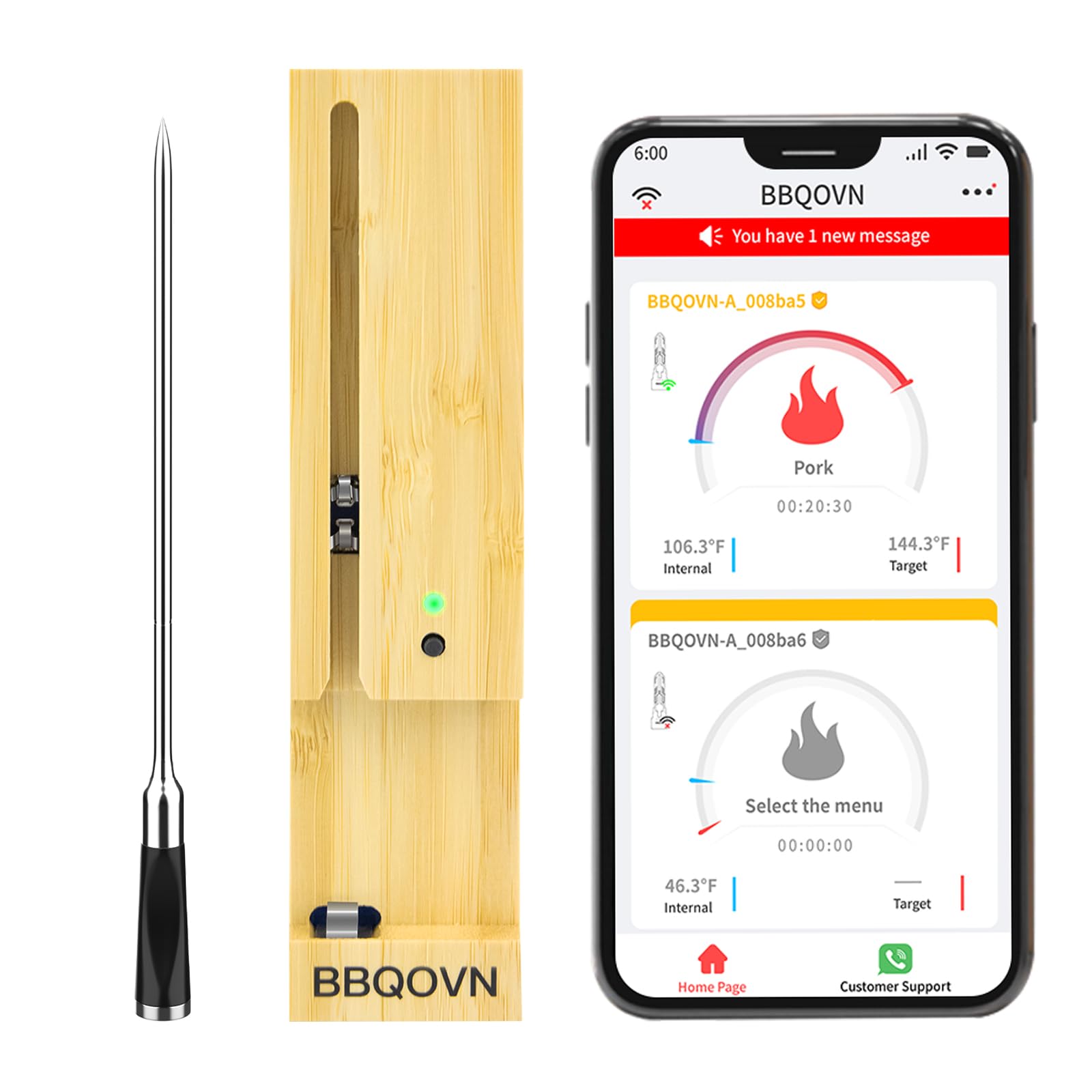 Btclink thermometer with ultra-thin probe for minimal juice loss during grilling.