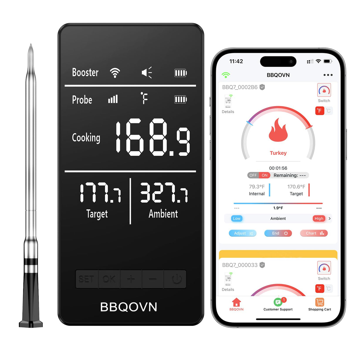 Btclink WiFi Sub-1G thermometer with base display for hands-free grilling monitoring.