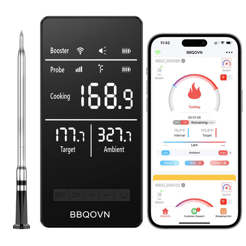 Btclink WiFi Sub-1G thermometer with base display for hands-free grilling monitoring.
