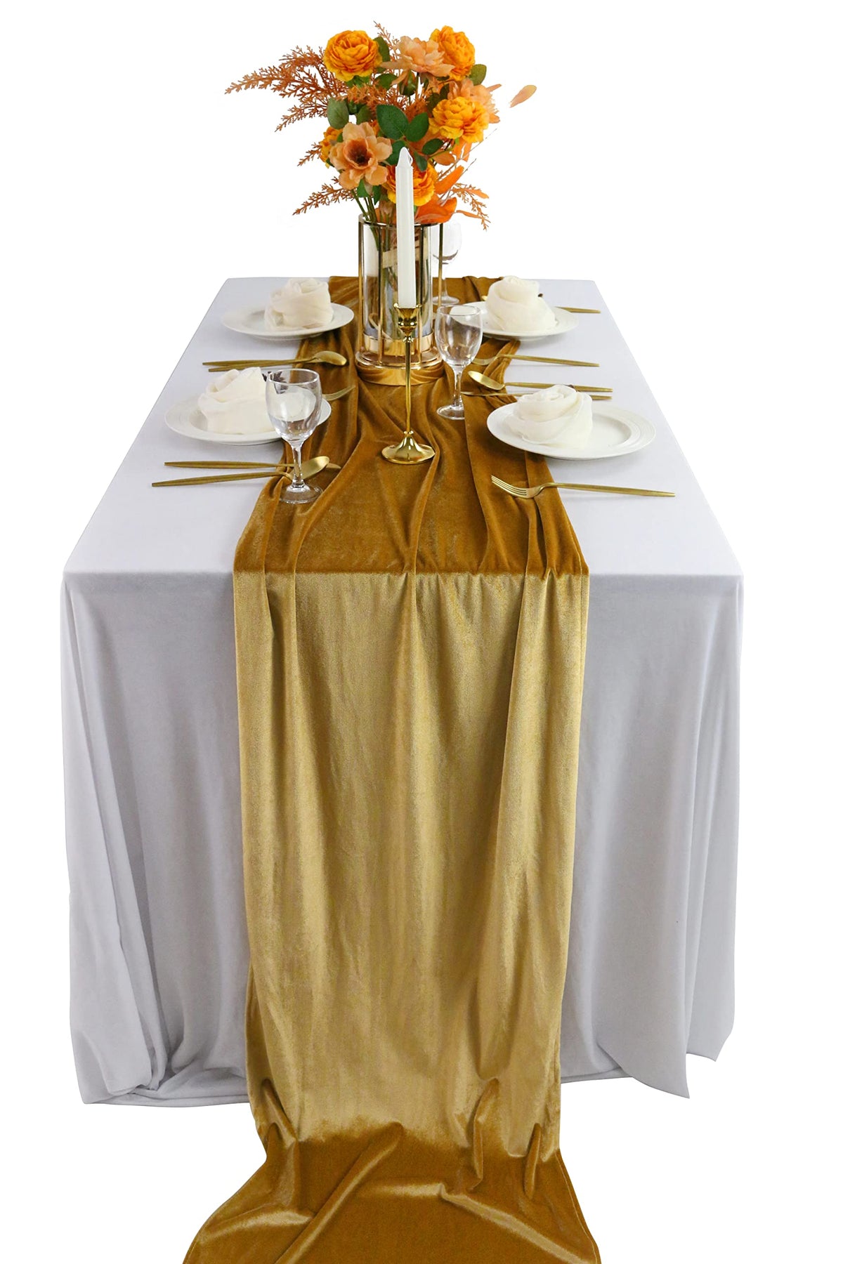 BTF Home velvet table runner close-up on gold fabric showing luxurious texture for table decor.