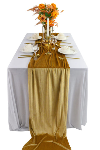 BTF Home velvet table runner close-up on gold fabric showing luxurious texture for table decor.