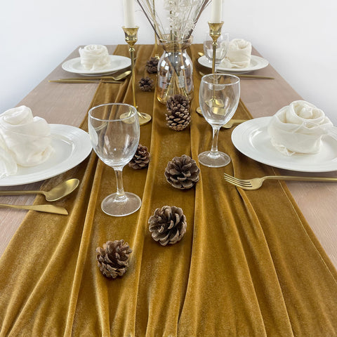 BTF Home velvet table runner gold close-up texture highlighting wrinkle resistance.