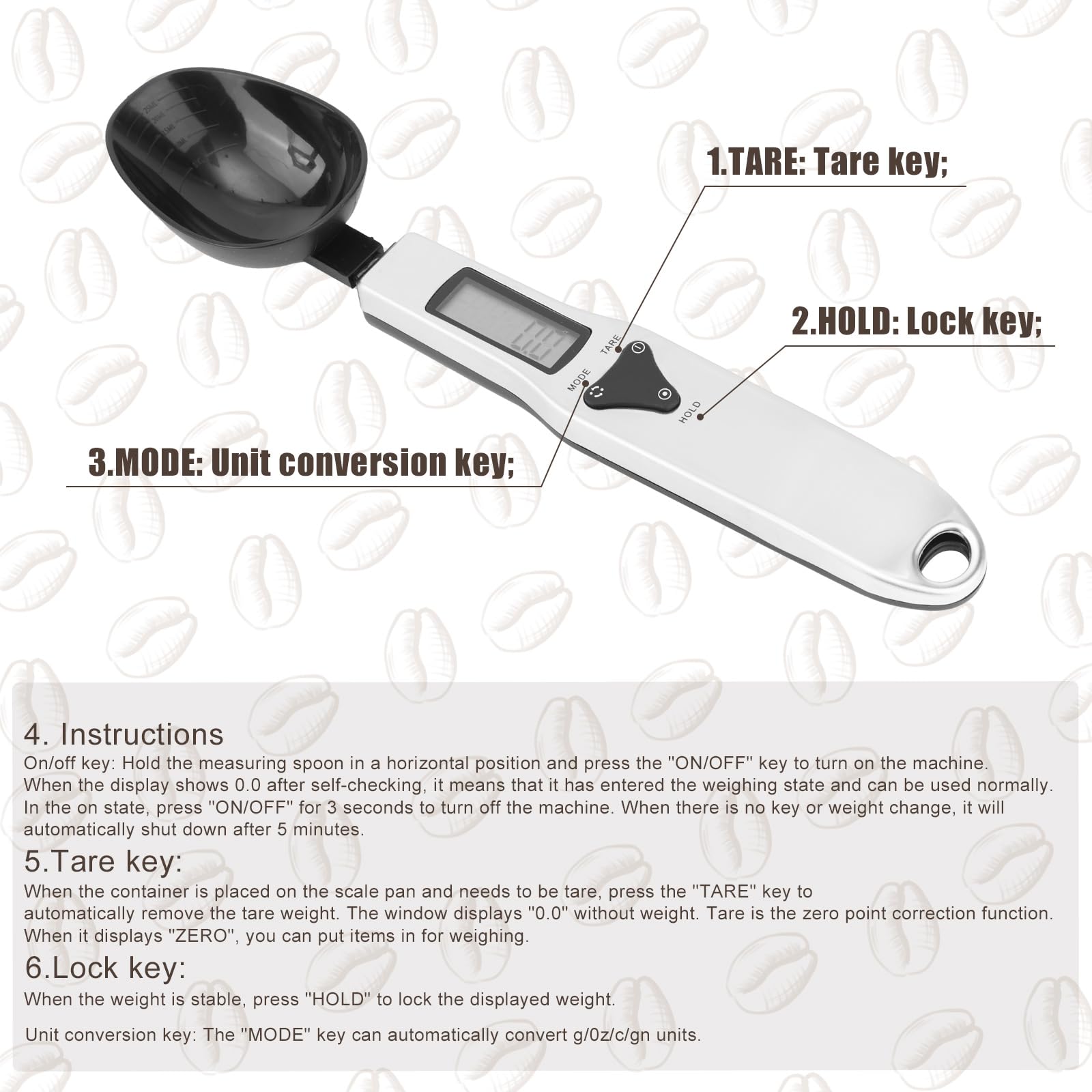 BTFO spoon scale with hanging hole for compact storage.